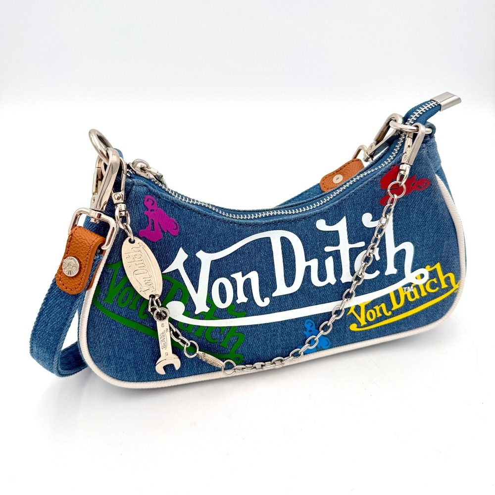 Von Dutch Denim Baguette Bag Blue Y2K Logo Print Shoulder Bag with‎ Wrench Charm